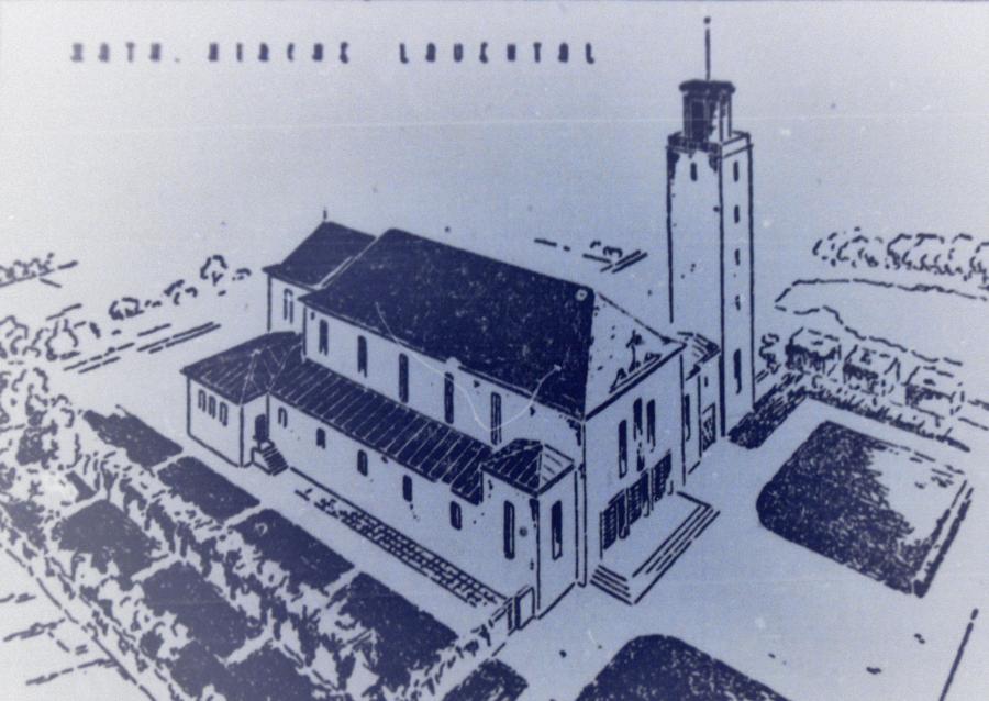 Wizualizacja pierwotnego (nigdy w tej postaci niezrealizowanego) projektu nowego kościoła pw. św. Anny w Letnicy, 1932 r.